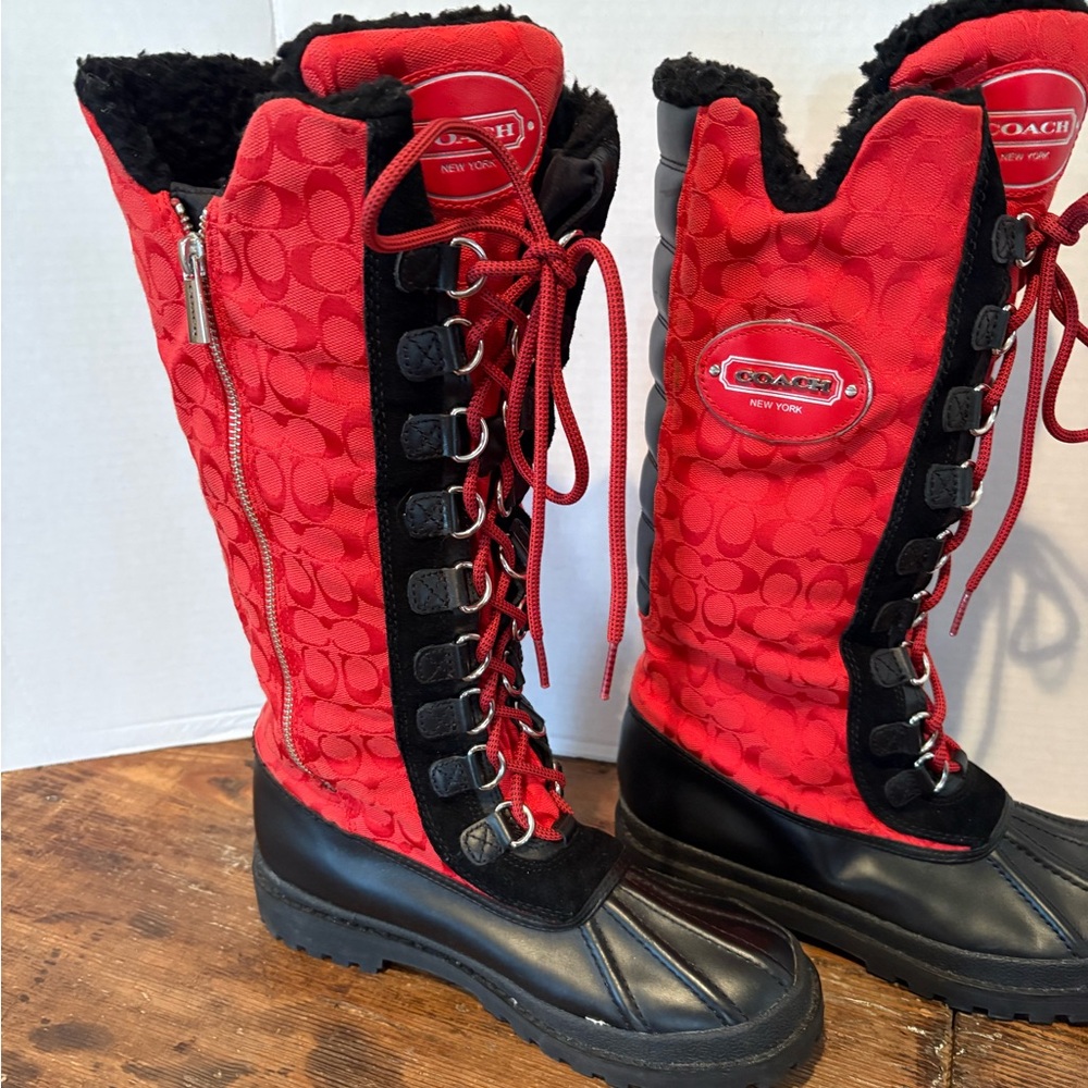 Coach Women's Red and Black Lace-Up Winter Boots